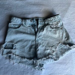 Light wash distressed denim shorts